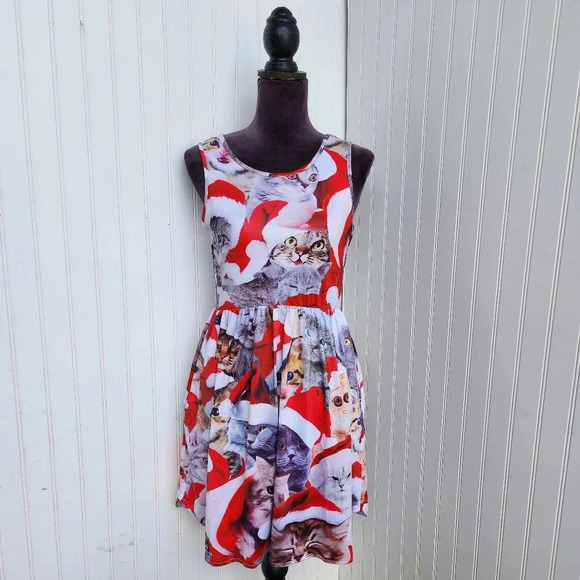 SSLR Jingle Cat Pattern Dress Skater Cute Print dress Lover Christmas Stretch S - Picture 1 of 13